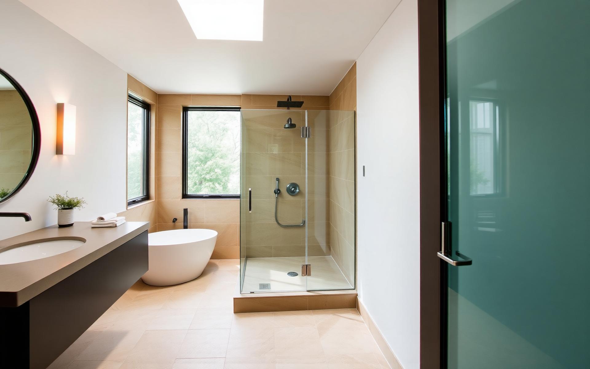 Bathroom renovated by D&M Glasgow Ltd with stone tiling and walk-in shower