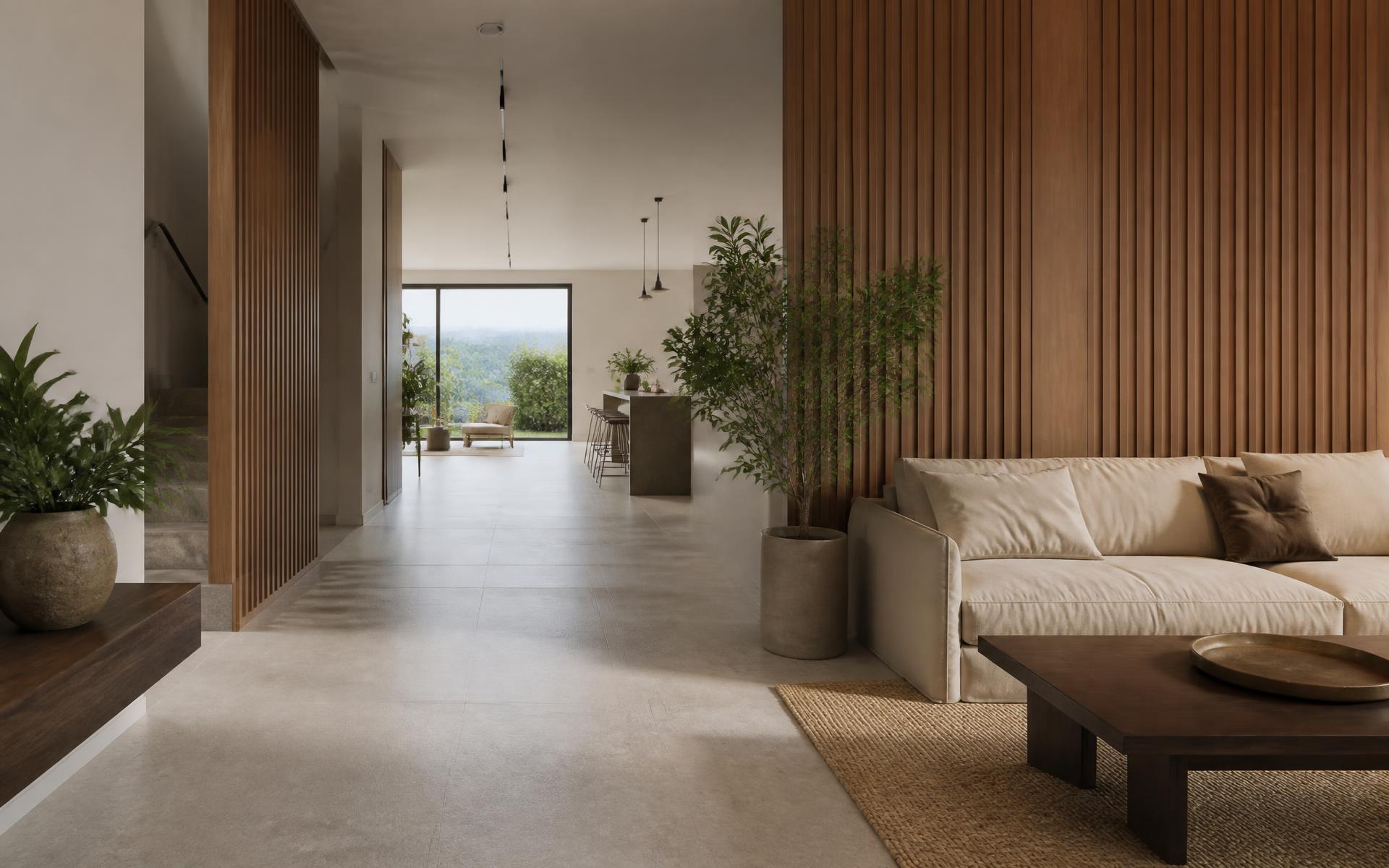 Renovated open-plan living space with tiled floor and oak panelling